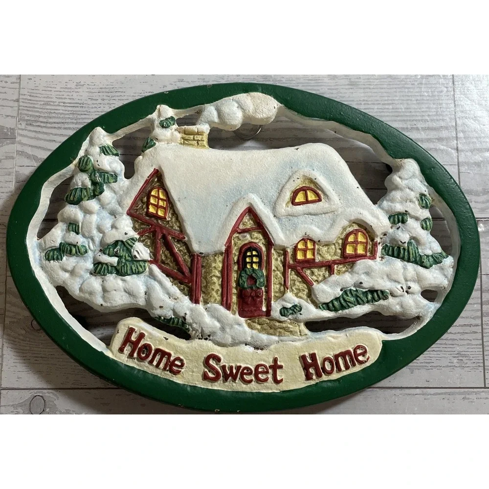 Avon 1999‎ Holiday Home Sweet Home Snow Cabin Cast Iron Metal Trivet Wall Hanger